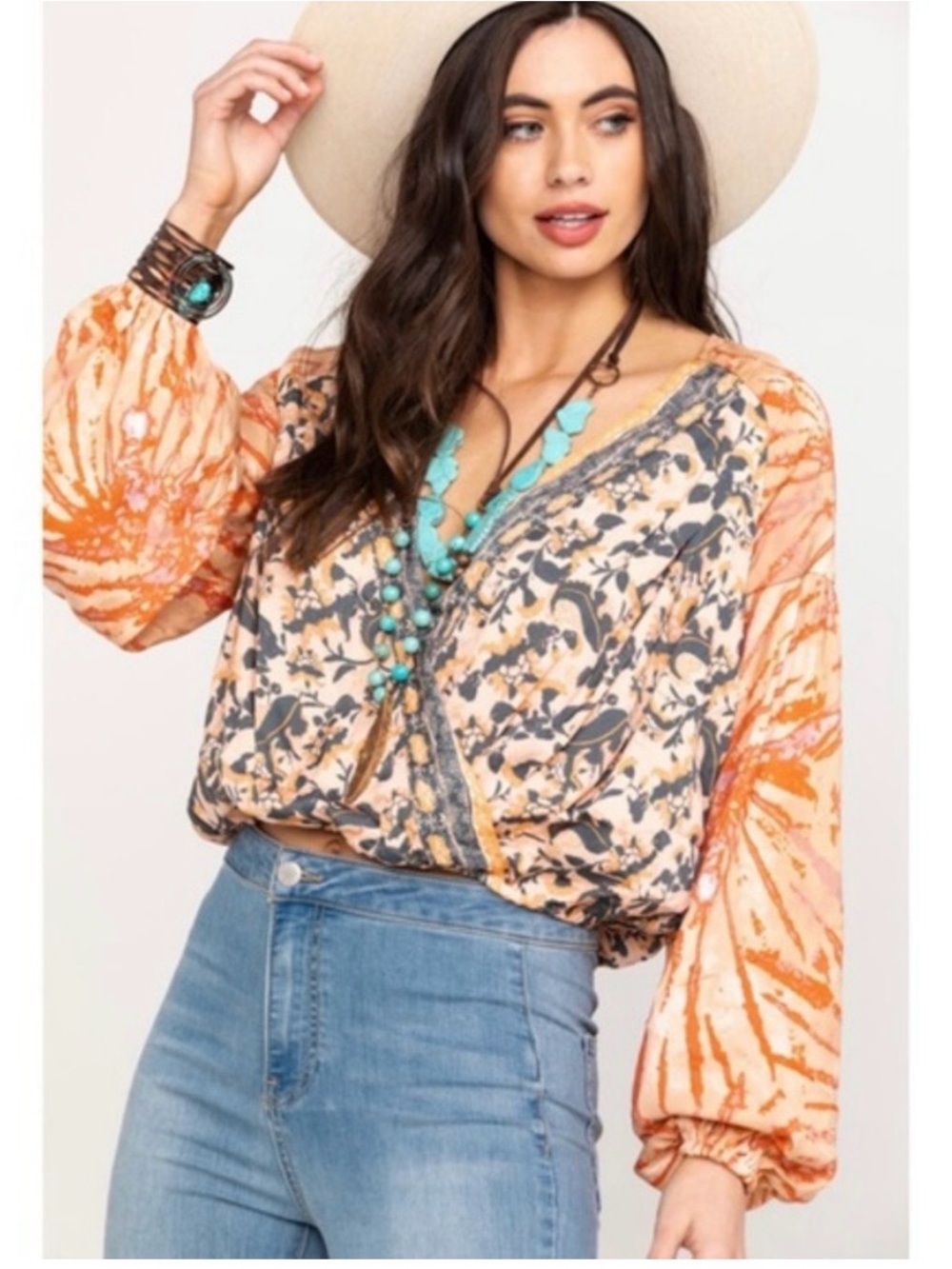 Free People Peach & Orange Printed Peasant Blouse